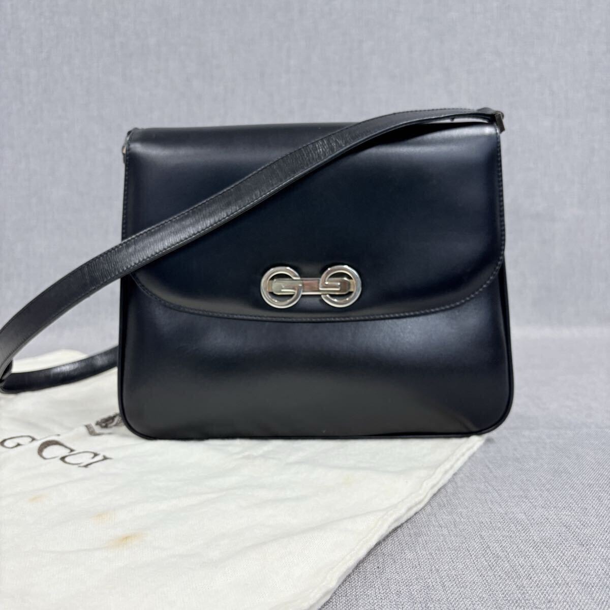 美品 GUCCI グッチ 本革 インターロッキング ショルダーバッグ ブラック