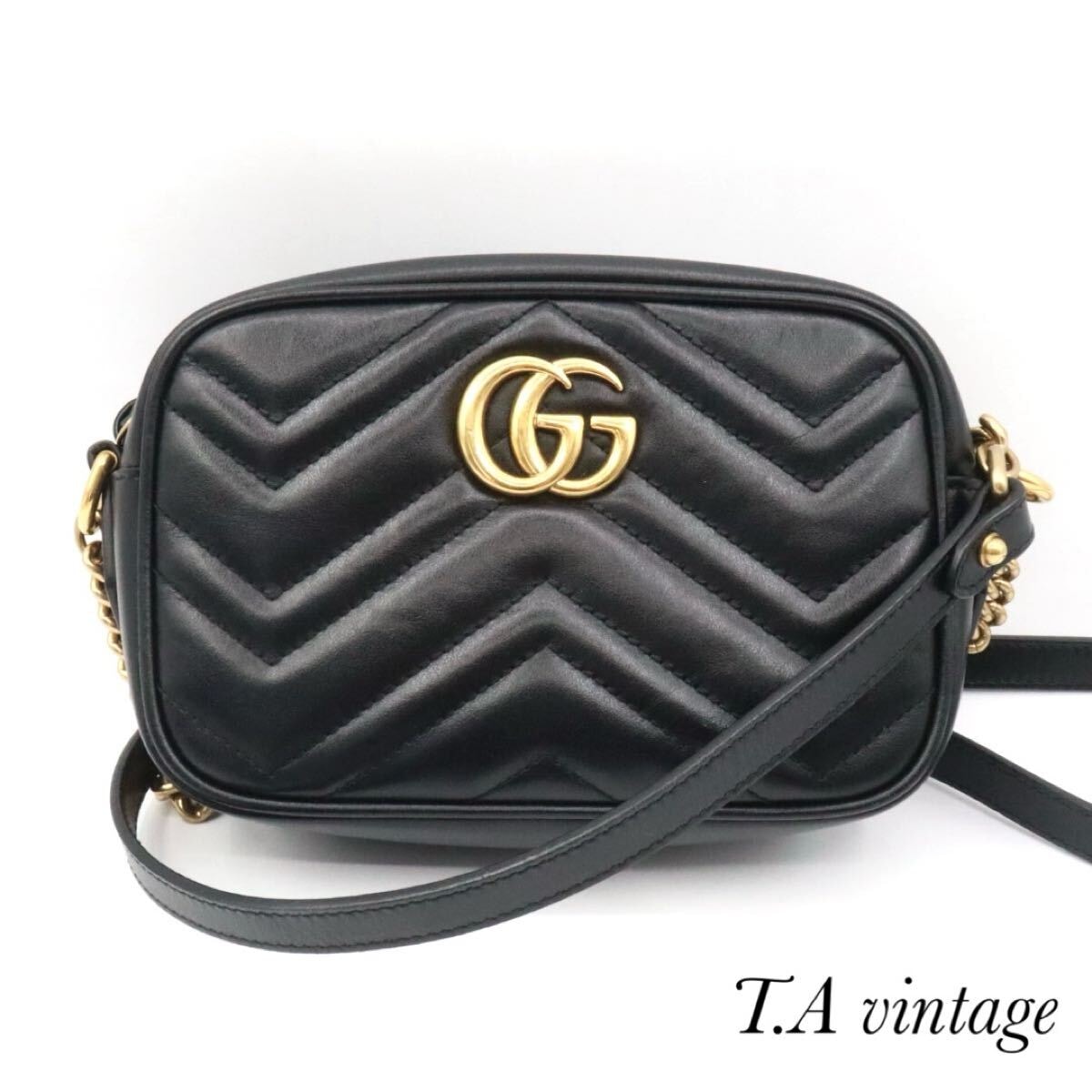 GUCCI 美品　グッチ　GGマーマント　レザー　ショルダーバッグ　ブラック