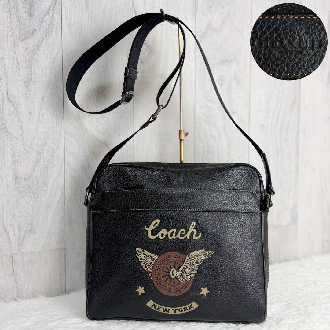 美品 COACH コーチ ウイングホイール バイカーズロゴ レザー ショルダーバッグ ブラック メンズ
