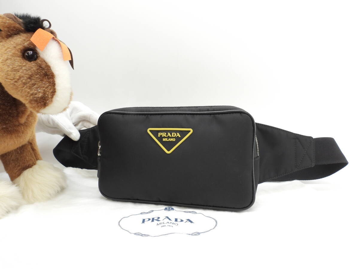 プラダ ボディバッグ 黄トライアングル ナイロン黒 ウエストバッグ ヒップバッグ 美品@250