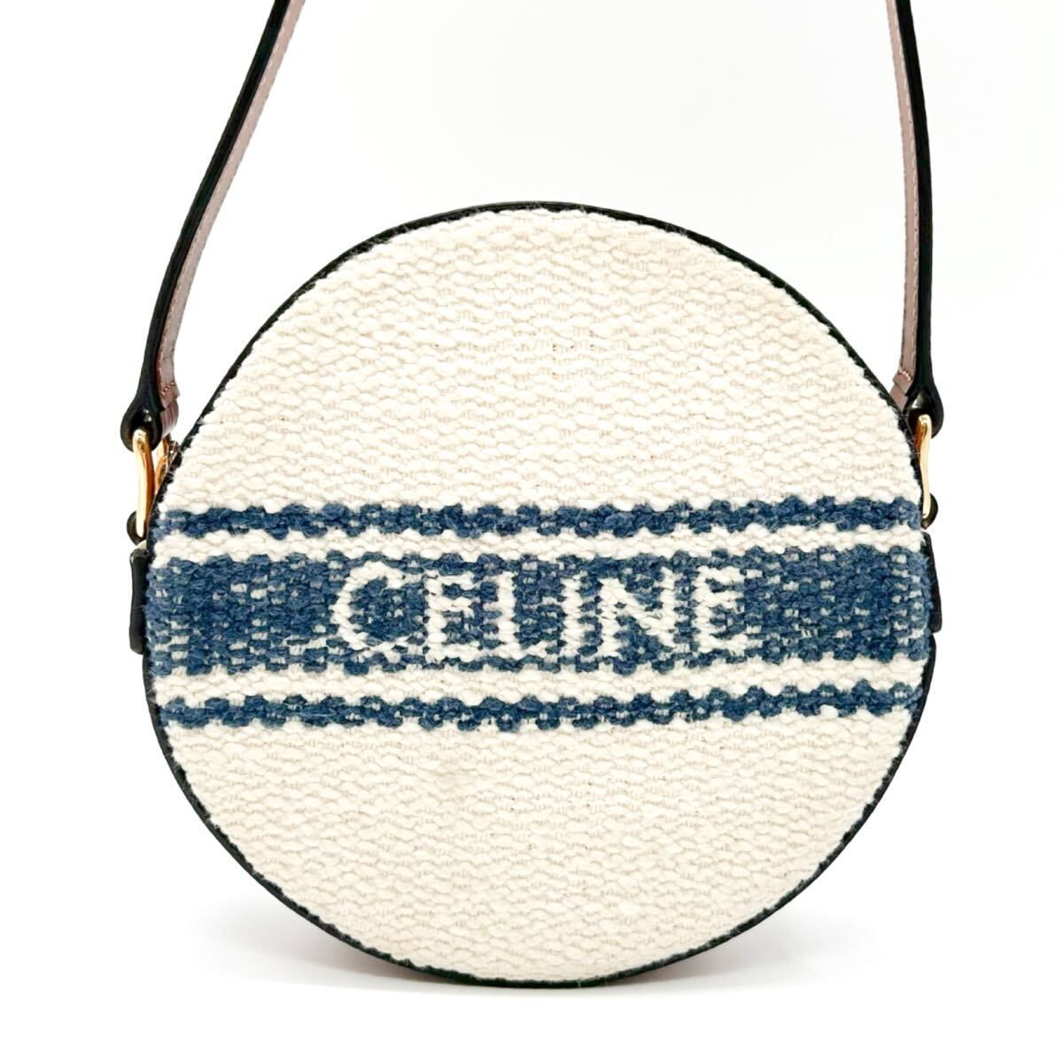 CELINE セリーヌ ラウンド　ショルダーバッグ　美品　パース　ミニショルダーバッグ　ミニバッグ　ロゴ　レザー　コットン　ブラウン
