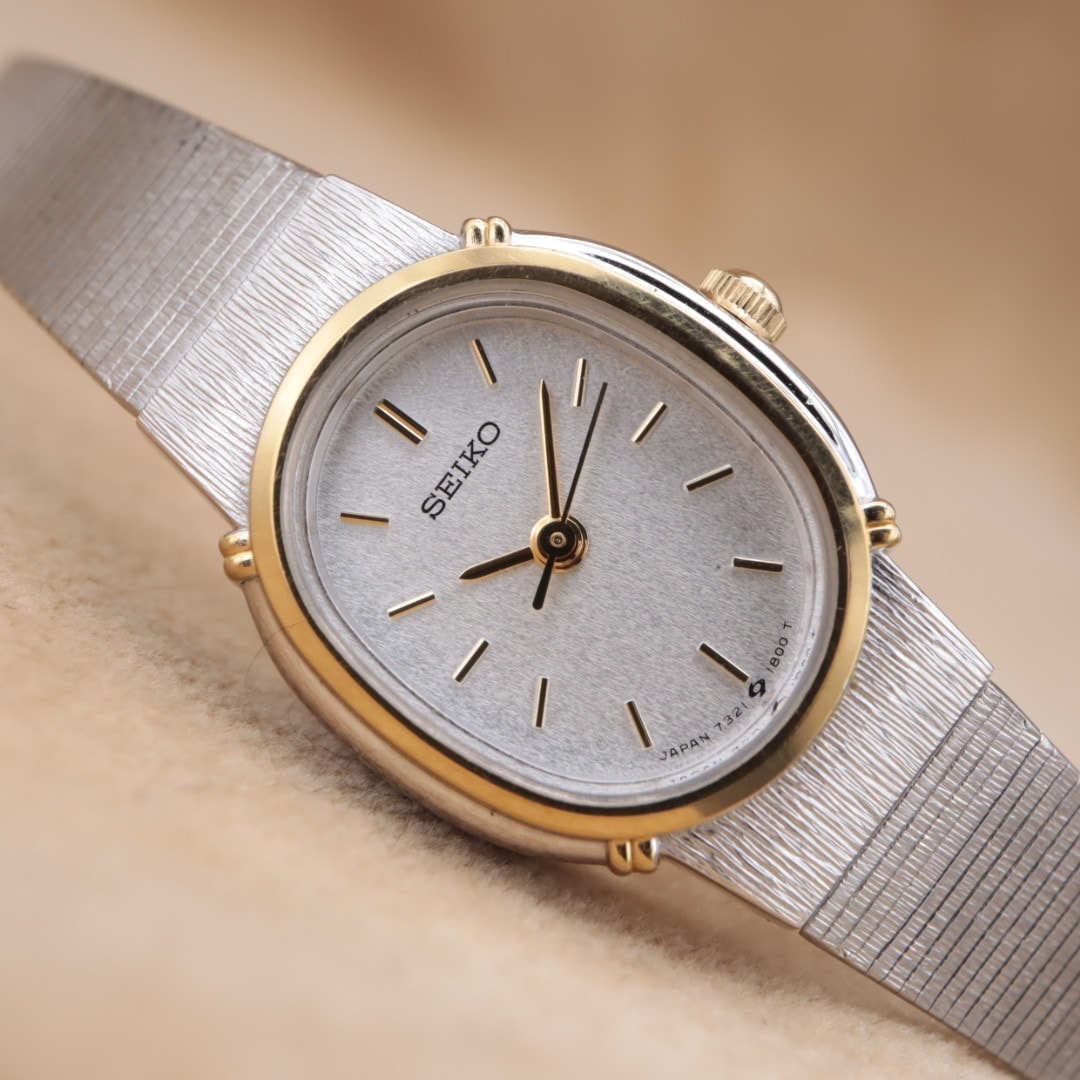 【電池交換/洗浄済】SEIKO 7321-6100 セイコー オーバル ヴィンテージ クォーツ シルバー ゴールド コンビ レディース メッシュブレス CH69