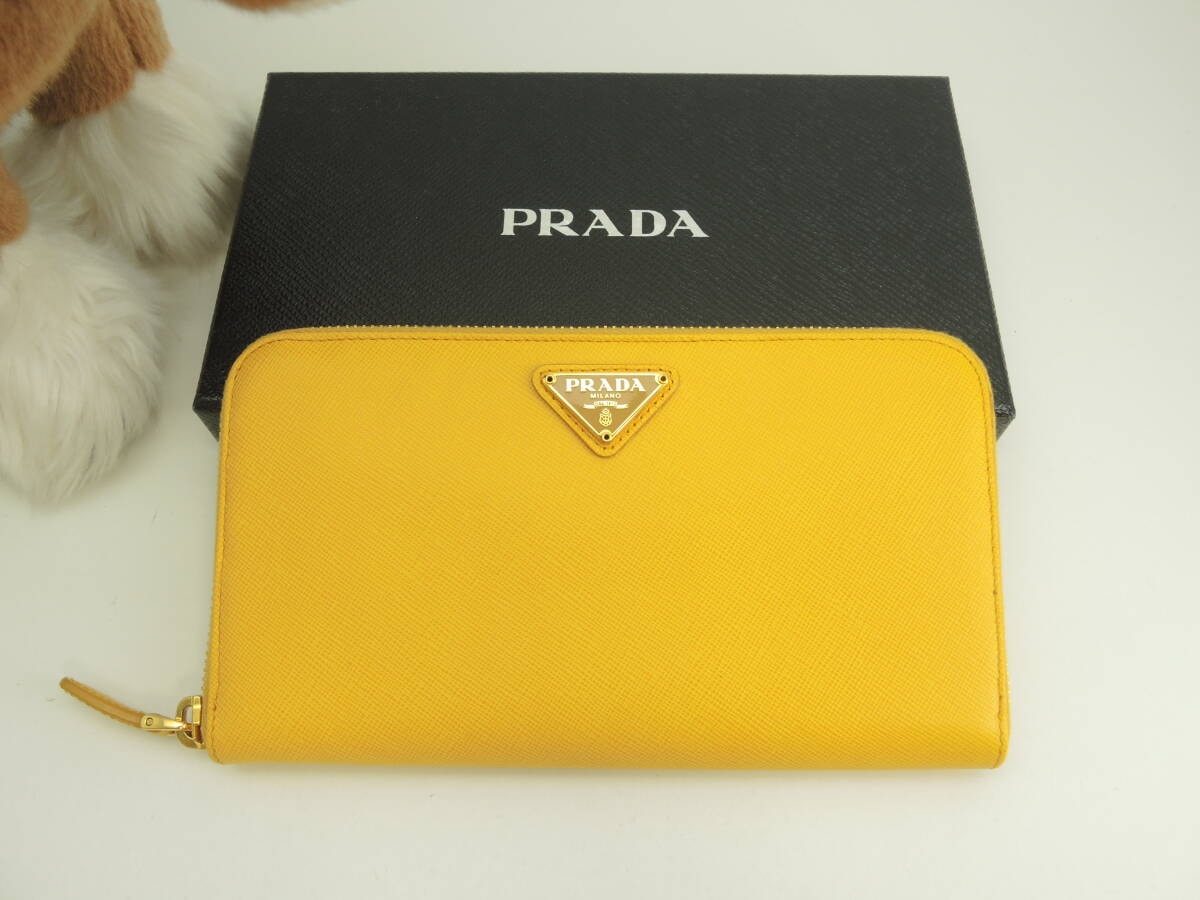 プラダ ロングウォレット トリアングルロゴ サフィアーノ黄 ラウンドジップ長財布 美品@236 2