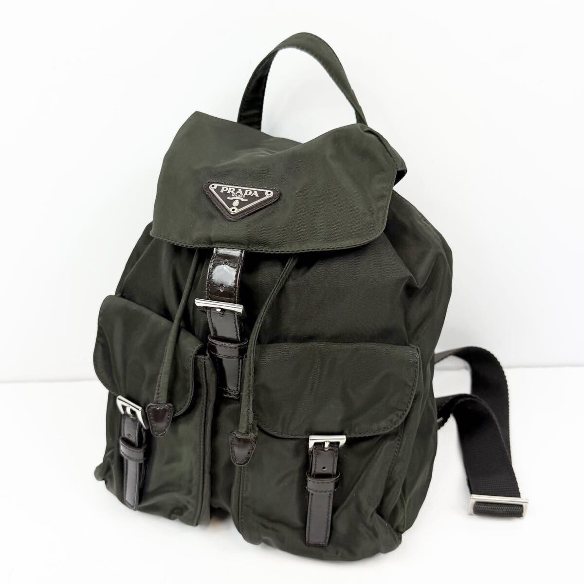 美品□PRADA(プラダ) リュックサック カーキ ナイロン×レザー