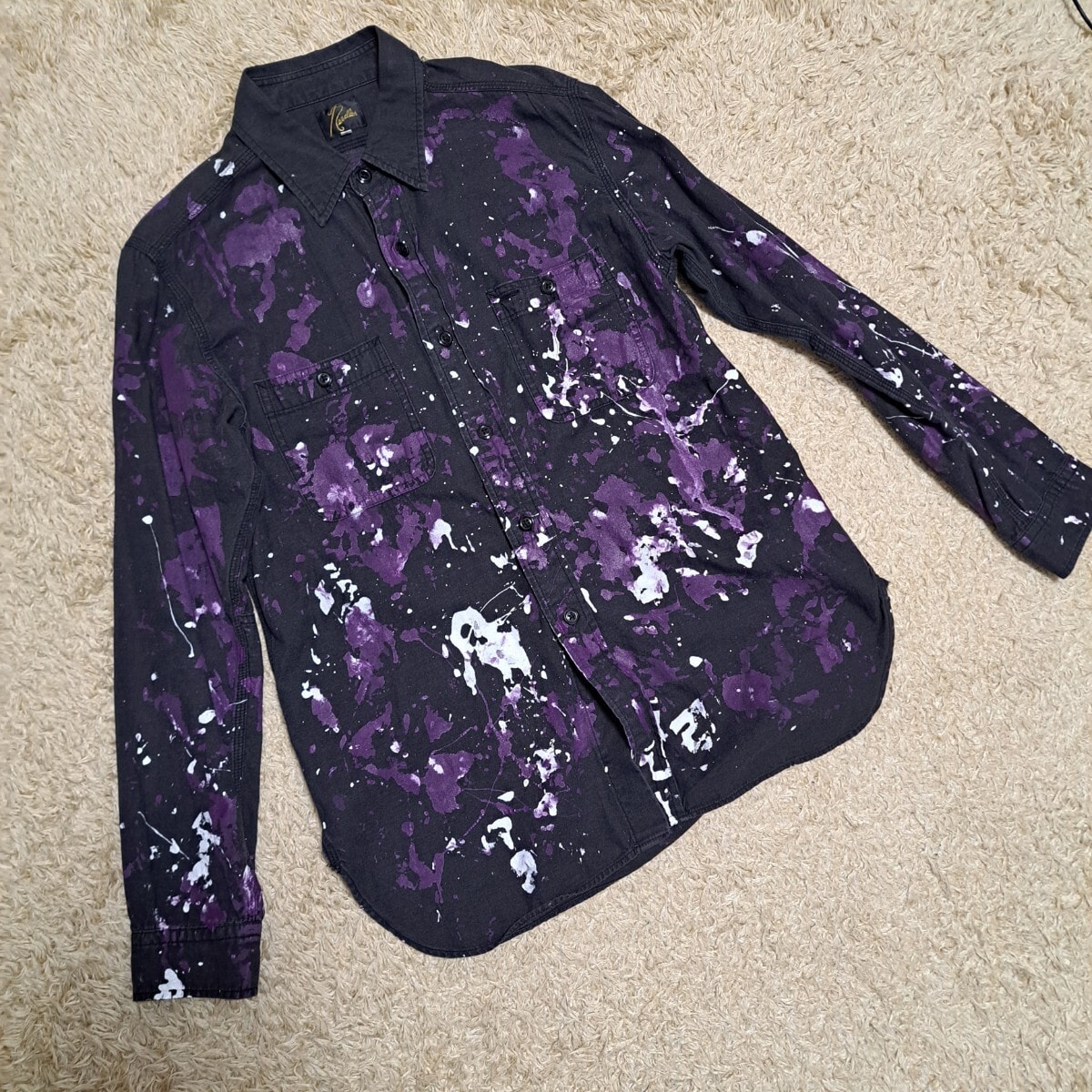 ニードルス　NEEDLES　長袖シャツ　プリントシャツ　ペンキ加工　紫　パープル　加工シャツ　Sサイズ
