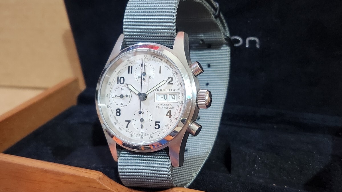 1997ハミルトンカーキクロノグラフ デイデイト仕様ベゼル径38mm 中古美品