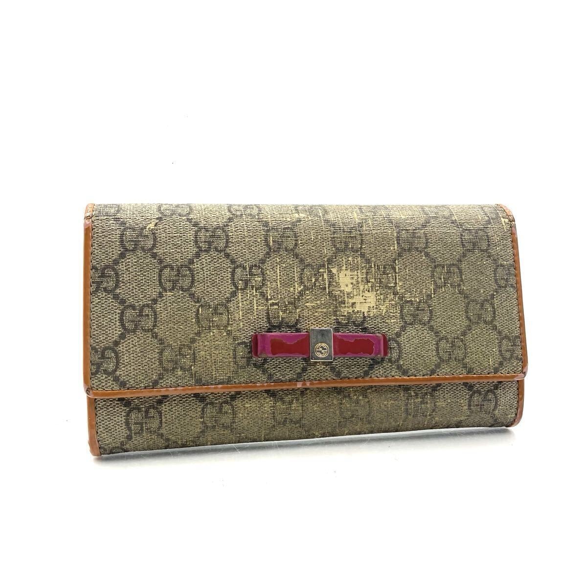美品】GUCCI GGスプリーム 長財布 リボン ゴールド金具 エナメル