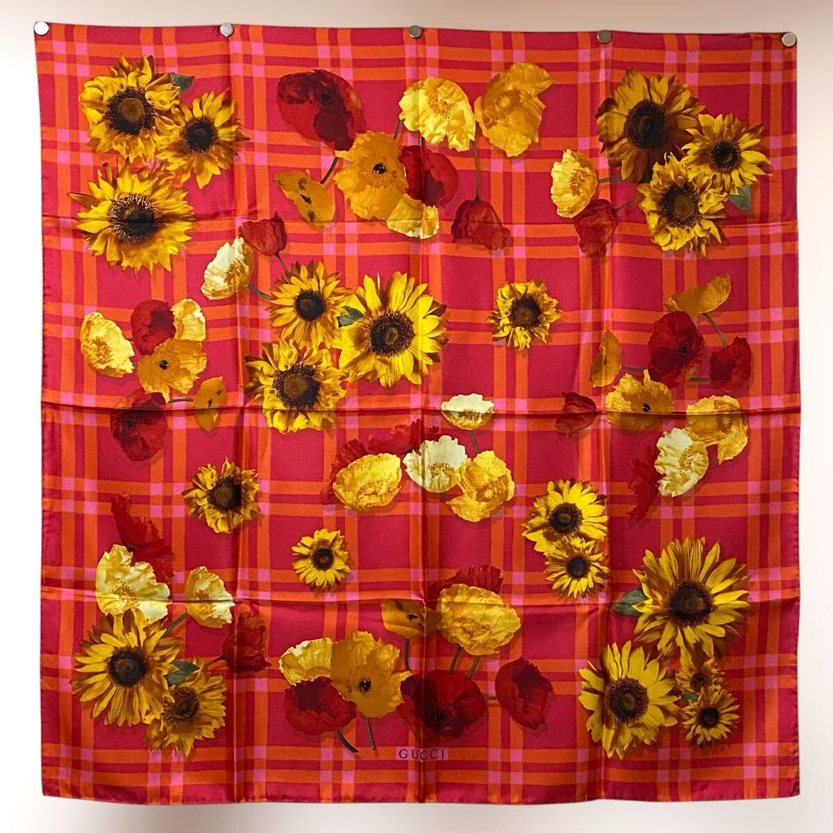 未使用 GUCCI 大判シルクスカーフ ひまわり フローラル 花柄 オールドグッチ VINTAGE