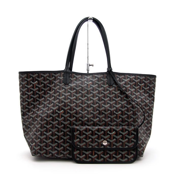 中古美品 ゴヤール トートバッグ サンルイ PM ヘリンボーン ポーチ付き ブラック GOYARD ヘリンボーン 黒 PVC A4対応 フランス製