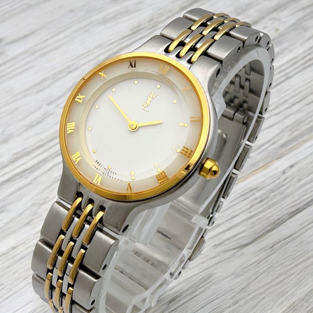 Yves Saint Laurent イヴサンローラン カットガラス コンビカラー YSL 腕時計 レディースウォッチ 稼働 クオーツ ゴールド ホワイト
