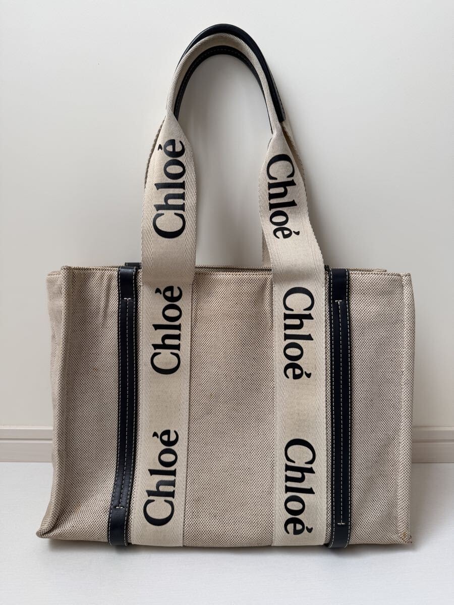 クロエ　リネン製WOODYトートバッグ　ミディアム　ウッディトート　ブラック　Chlo Woody 黒　