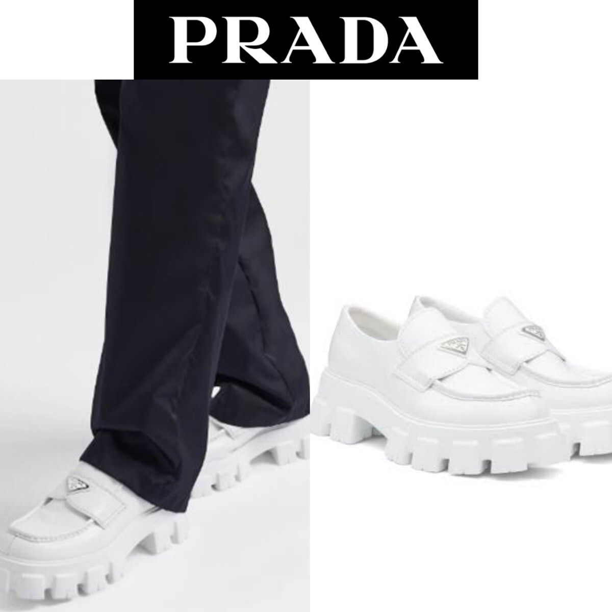定価17万 プラダ モノリス ローファー 5.5 PRADA ホワイト 白 トライアングルロゴ スニーカー バッグ ブラッシュドレザー 24.5cm 25cm