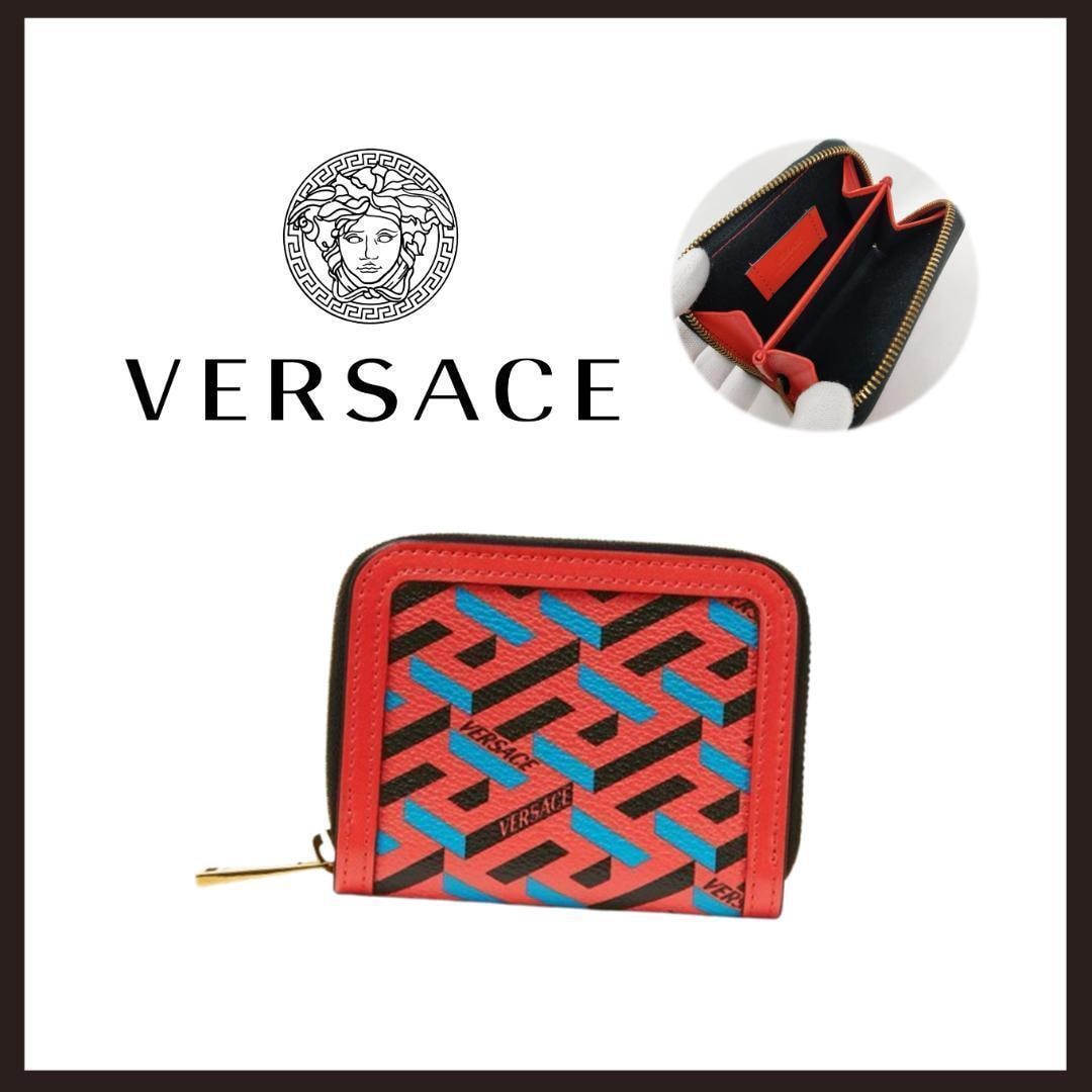 ○★新品 未使用 VERSACE ラ グレカ ラウンドジップコンパクトウォレット レッド マルチケース 小銭入れ（ヴェルサーチェ）○●