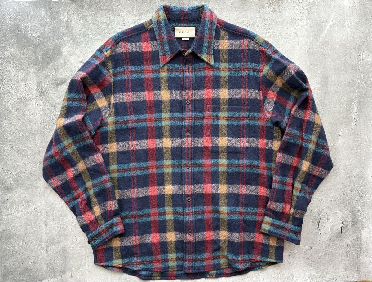 【極美品】GUCCI☆チェック×蜂刺繍☆ミケーレ期☆7-46R(M) 目立った傷や汚れなし】GUCCI グッチ 刺繍チェックネルシャツ4