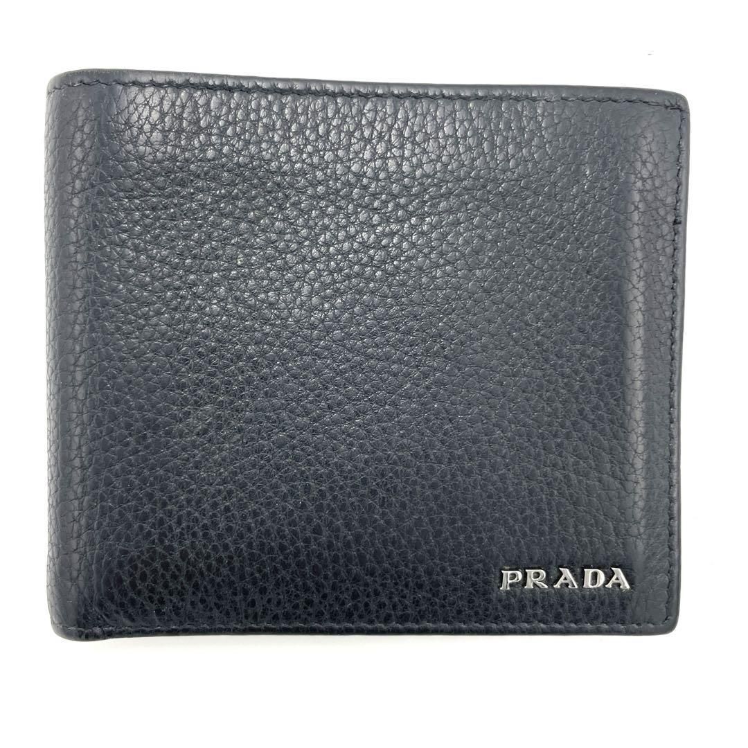 No.218 超人気商品☆PRADA プラダ サフィアーノ 二つ折り財布 コンパクトウォレット ブラック レザー ロゴ 小銭入れ付 メンズ ユニセックス
