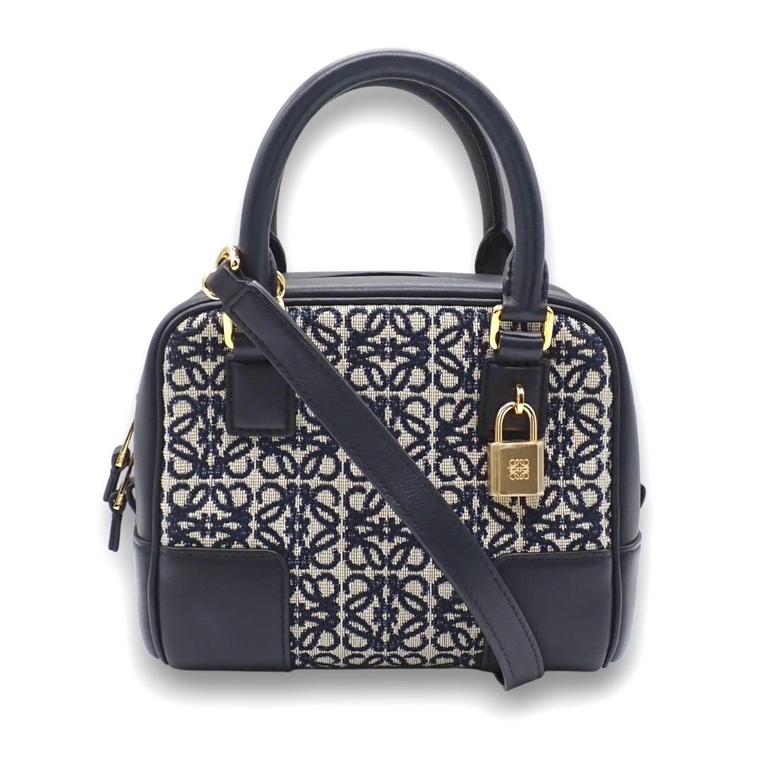 ロエベ LOEWE リピートアナグラム アマソナ16 スクエア ショルダーバッグ 2WAY キャンバス レザー ブラック ネイビー A039N21X03 4416