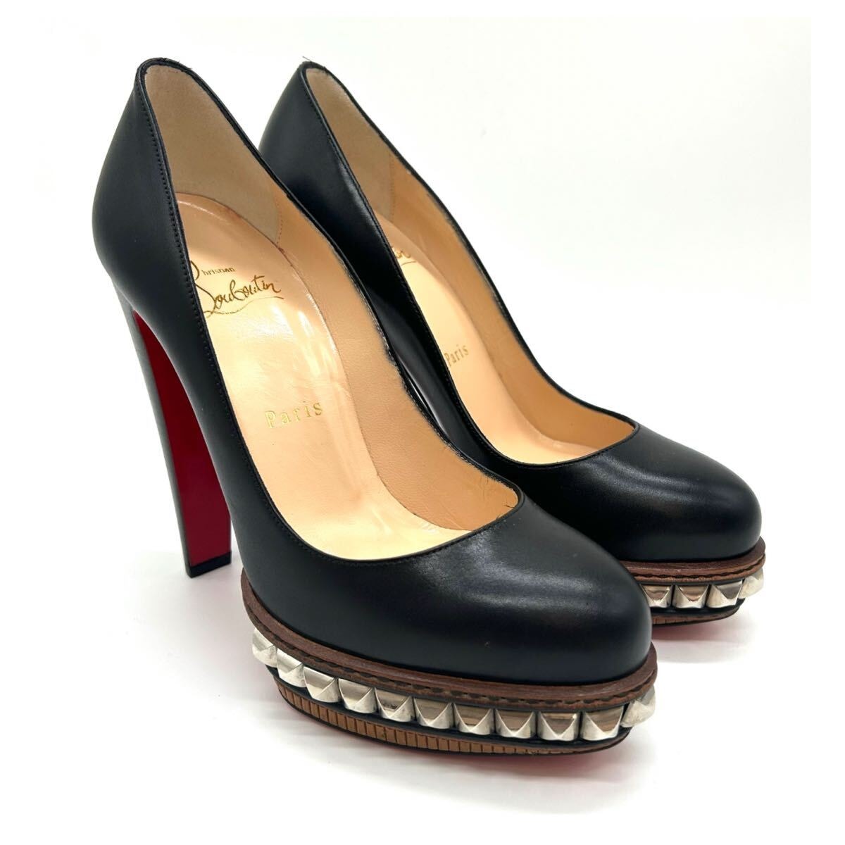 Christian Louboutin　クリスチャン・ルブタン　パンプス　レザー　スタッズ　37　ブラック　ヒール　レディース　シューズ　靴