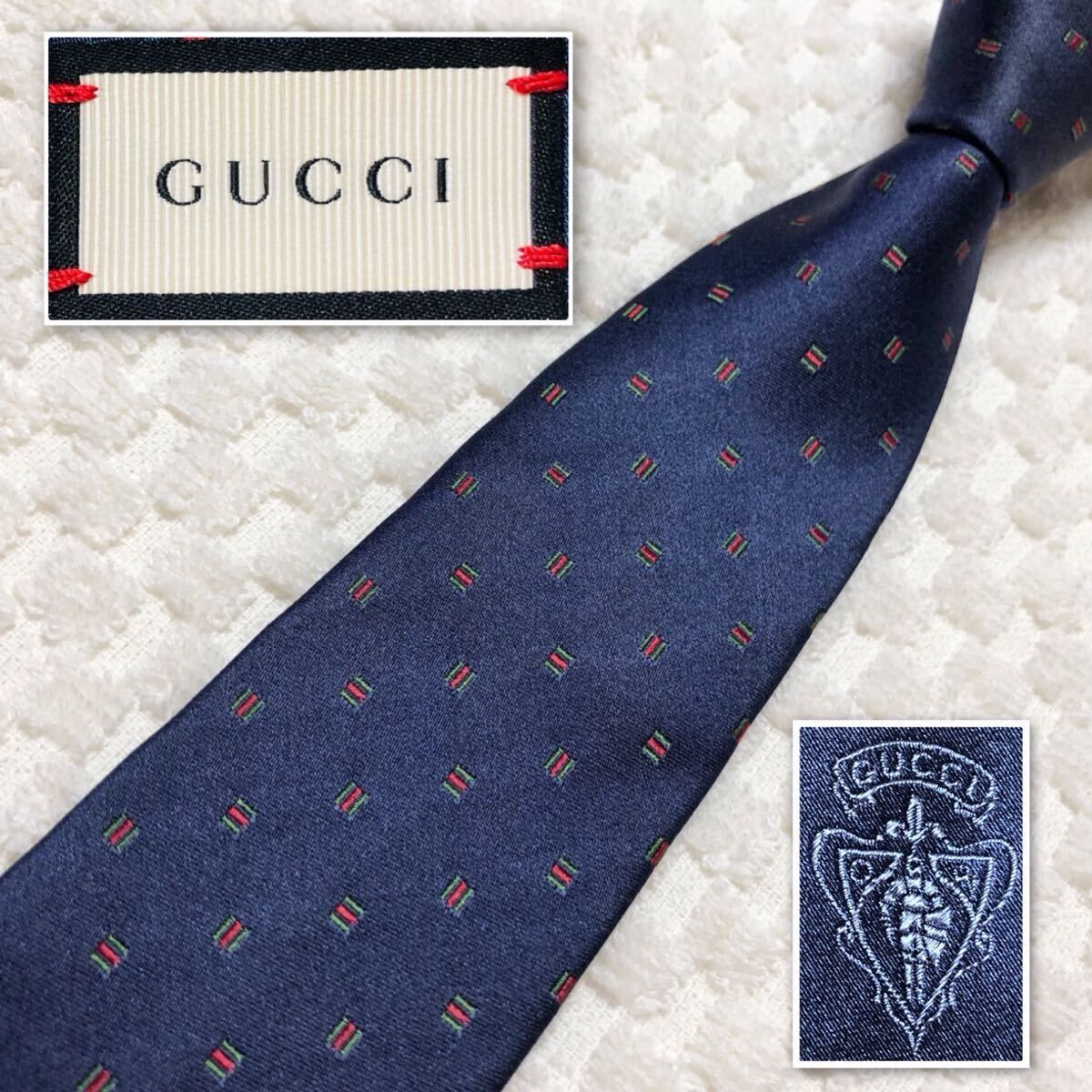 ■稀少現行タグ■GUCCI グッチ　ネクタイ　ナロータイ　スクエア　総柄　ネイビー　ビジネス
