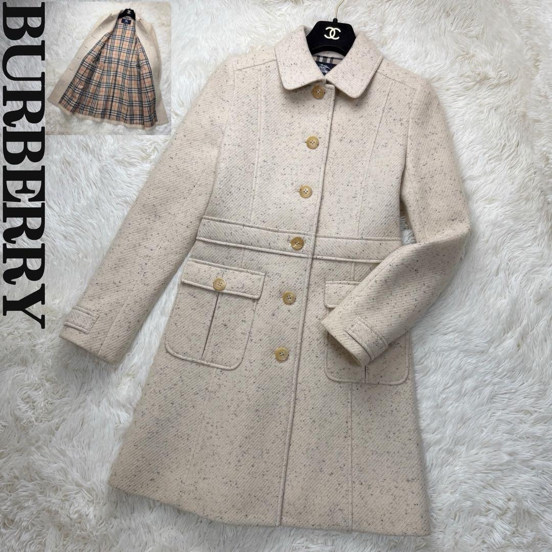 美品 BURBERRY バーバリー ノバチェック ウール コート アイボリー レディース 150A Ｓサイズ 三陽商会