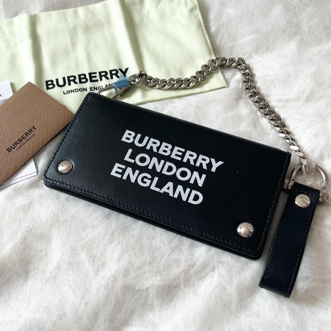 極美品★BURBERRY LONDON ENGLAND バーバリー ロンドン ウォレットチェーン ショルダー レザー ブラック ロゴプリント シルバー金具