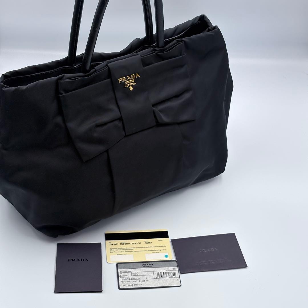 極美品PRADAテスートフィオッコBN1601リボントートバッグ黒ギャランティ付