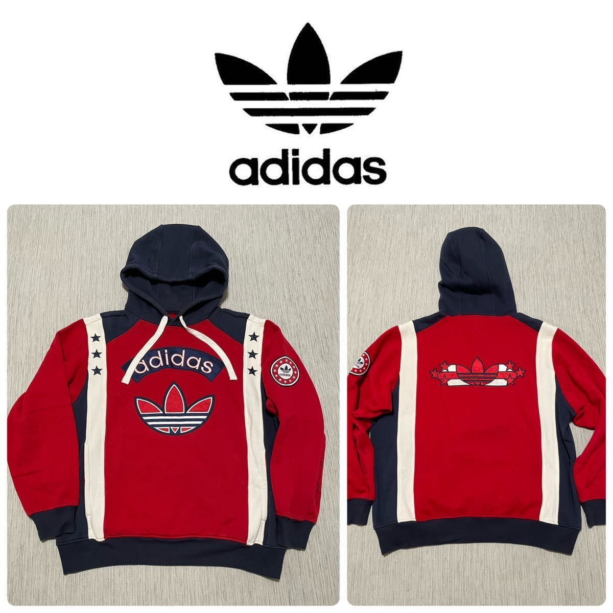 激レア adidas originals ロゴ ワッペン 刺繍 星 ビッグロゴ プルオーバー パーカー スウェット アディダス スリーストライプス ビンテージ