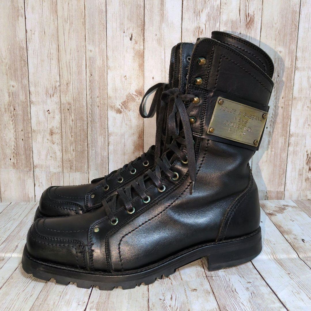激レア【DOLCE&GABBANA】ドルチェアンドガッバーナ☆ドルガバ☆ワークブーツ☆メタルロゴプレート☆F/W'04☆2004年☆メンズ革靴