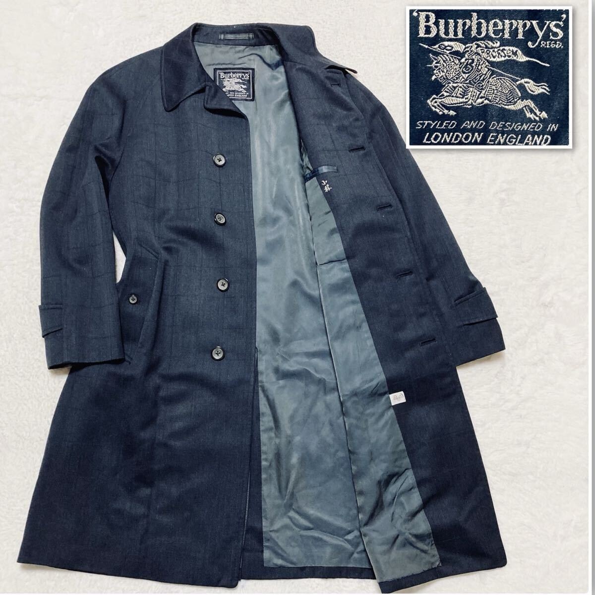 ■表側美品■Burberrys バーバリー バルマカーンコート　ステンカラーコート　シャドー格子　ネイビー　サイズM 比翼仕立て　メンズ