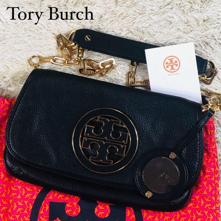 【極美品】Tory Burch トリーバーチ チェーン ショルダーバッグ デカロゴ レザー ゴールド 金具 フラップ カード ミラー付き ロビンソン