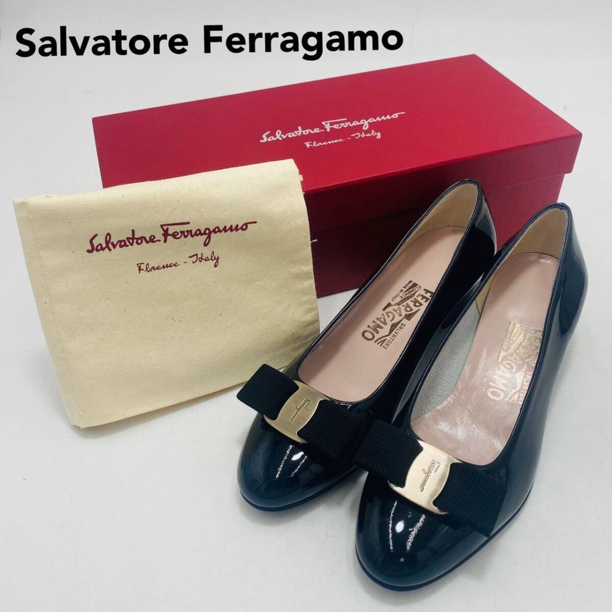 未使用級　箱・保存袋付　Savatore Ferragamo　サルヴァトーレフェラガモ　パンプス　ヴァラリボン　エナメル　5　黒