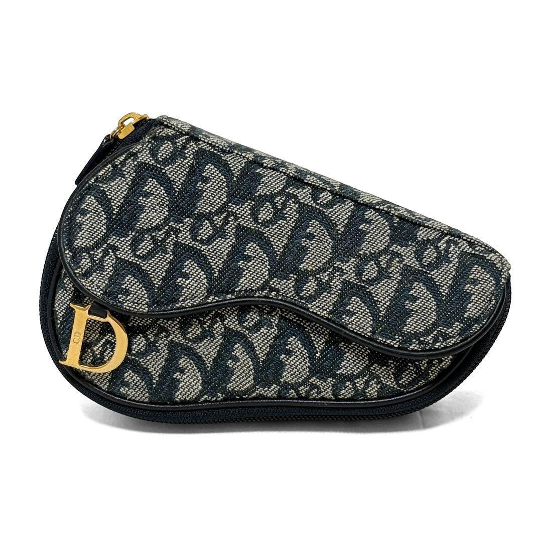 Christian Dior クリスチャンディオール サドル ポーチ 小物入れ トロッター キャンバス ネイビー 良品