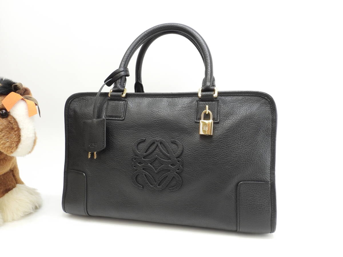 ロエベ アマソナ36 アナグラム 型押レザー黒 ゴールド金具 ハンドバッグ中 美品@011011 2