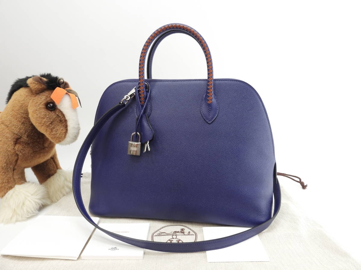 エルメス ボリード1923 トレサージュ エプソン青 ショルダーストラップ付ハンドバッグ@C 2
