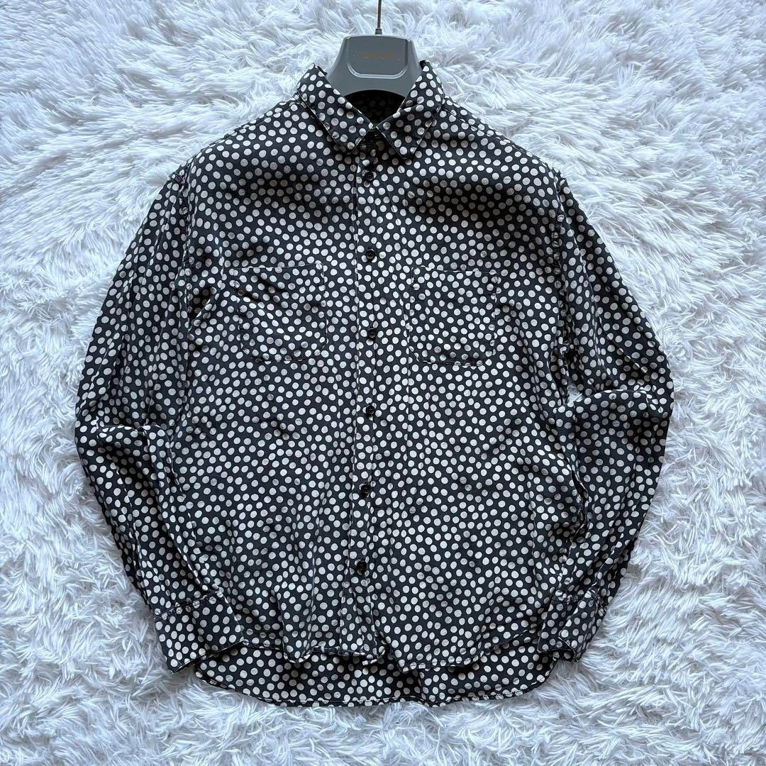 21 サンローランパリ ドット柄シルクシャツ 41 長袖 チャコール 白 総柄