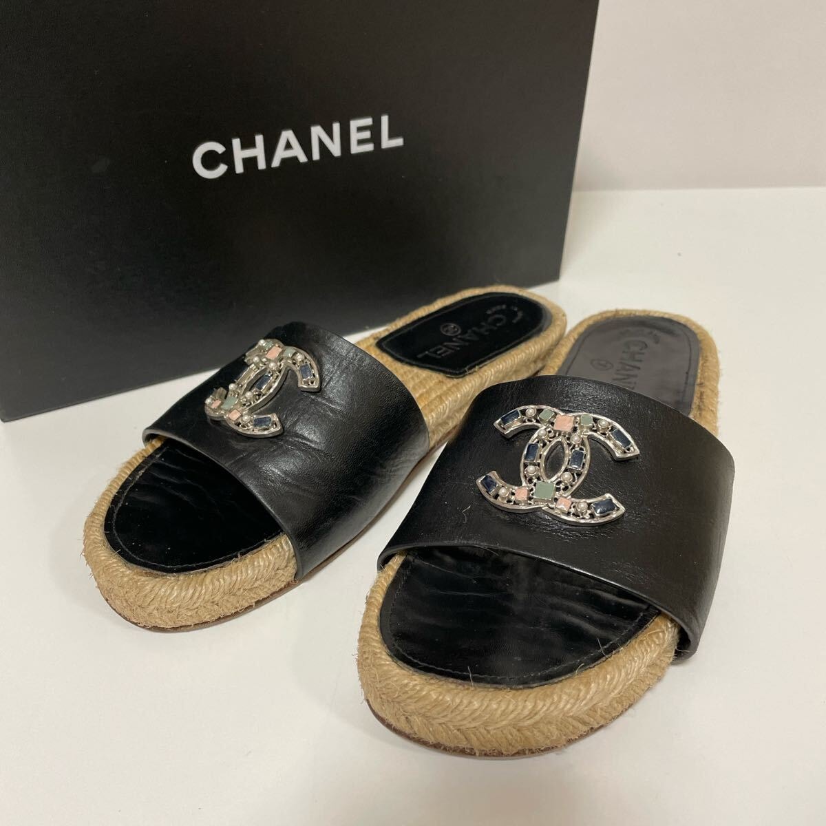 CHANEL シャネル ココマーク エスパドリーユ サンダル 38C レザー ピジュー G32607 ブラック 中古
