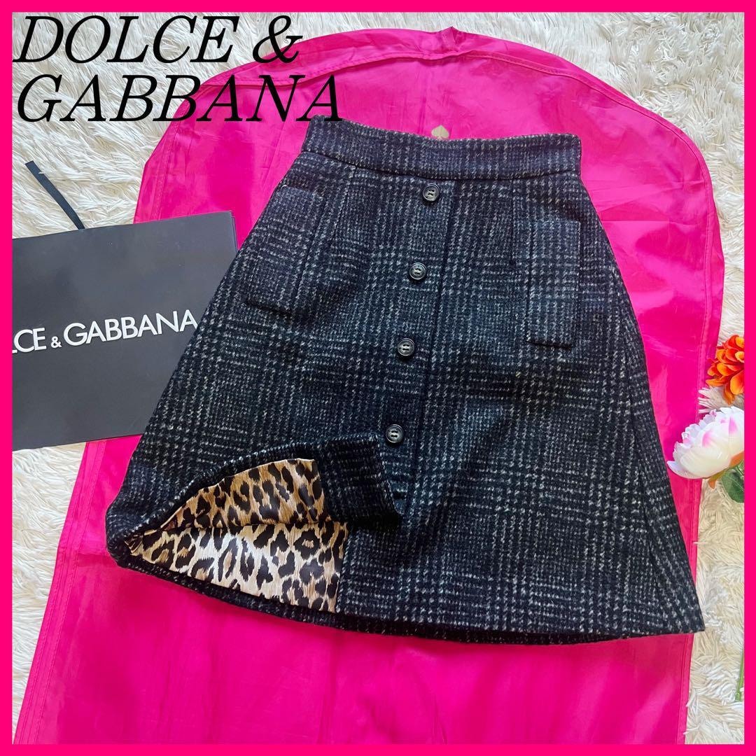 【美品】DOLCE&GABBANA 膝丈スカート チェック レオパード 36　ドルチェアンドガッバーナ　S
