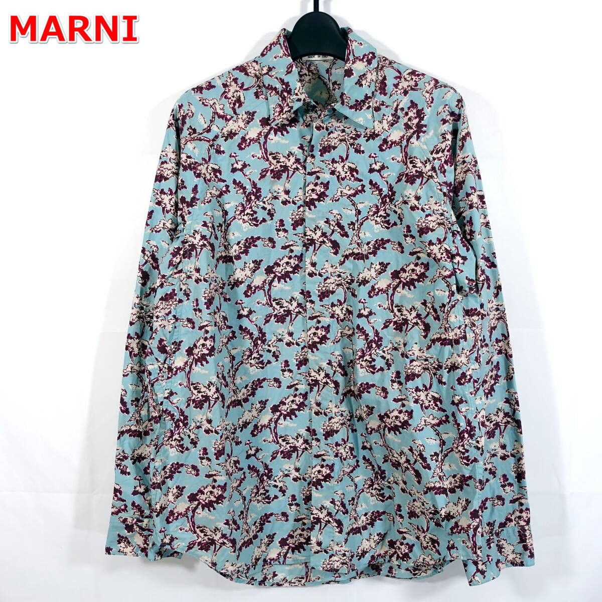 【良品】マルニ　ボタニカル柄比翼シャツ　MARNI　サイズ４４（Ｓ相当）　水色臙脂