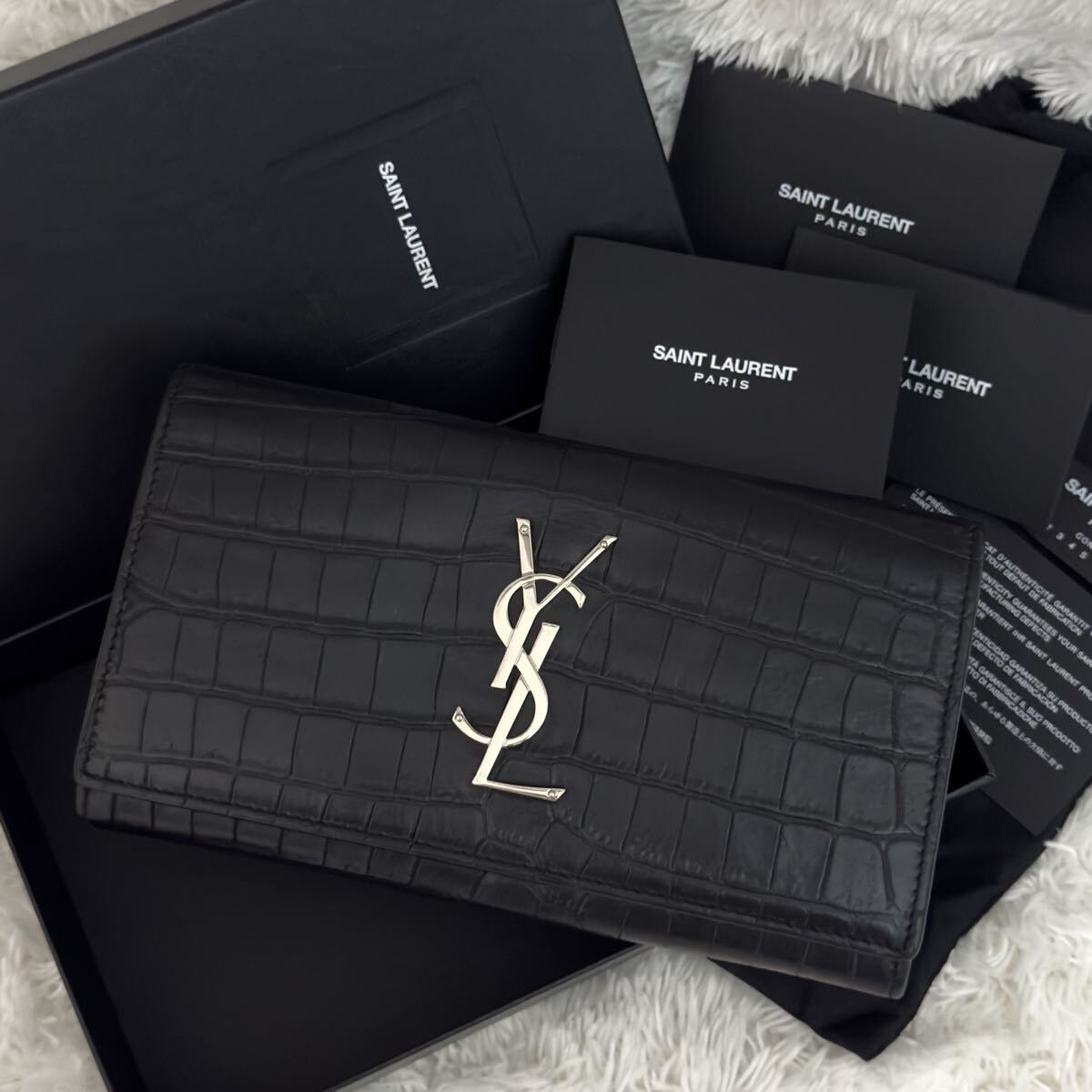 ☆極美品☆SAINT LAURENT サンローラン クロコ型押し カサンドラ 長財布 レザー 黒 ブラック YSL