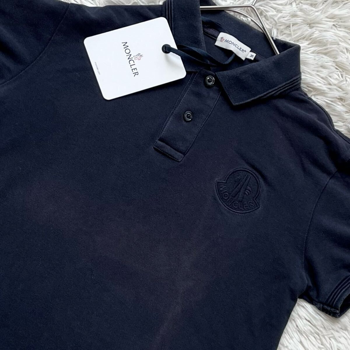 激レア!!黒ワッペン/MONCLER モンクレール MAGLIA ビッグロゴ 鹿の子 半袖 ポロシャツ 濃紺 ネイビー デカロゴ 刺繍 ワッペン 国内正規