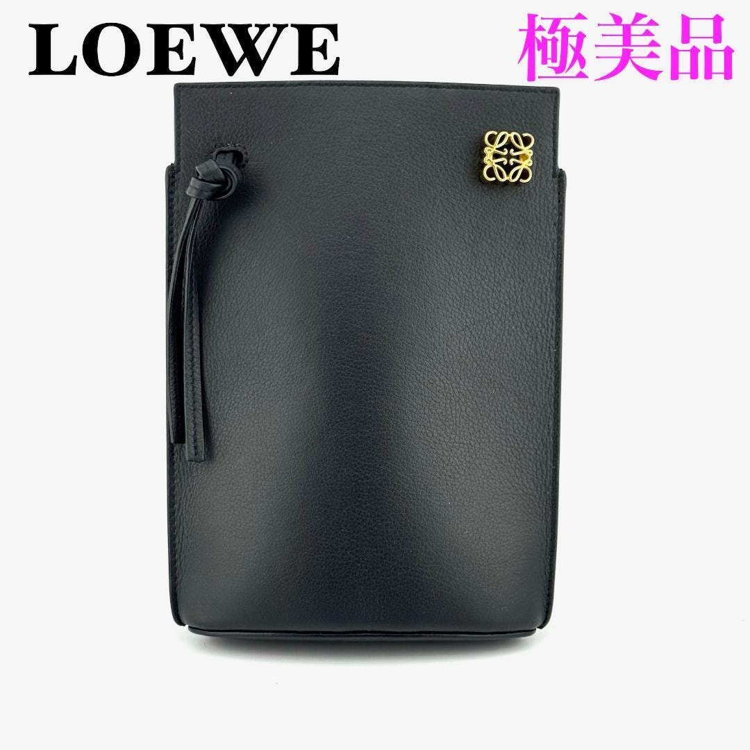 【極美品】ロエベ ダイスポケット ショルダーバッグ アナグラム レザー 黒 LOEWE ロエベ ハンドバッグ ぺブル ダイス ポケット CPBPR12X01