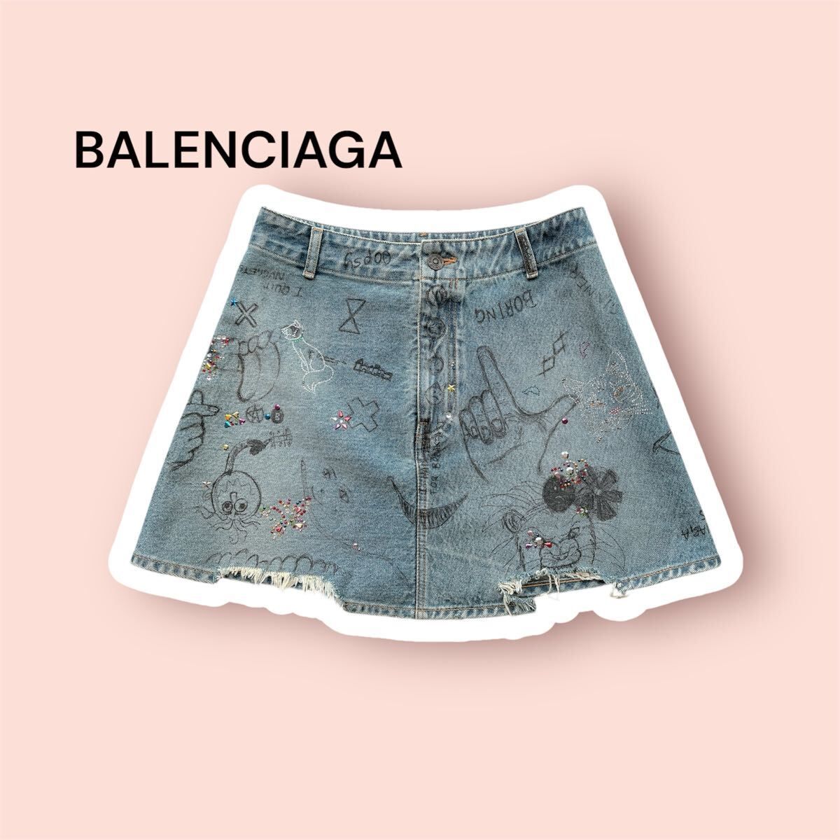 BALENCIAGA バレンシアガ グラフィックプリントデニムスカート 34 ミニ デムナ ダメージ