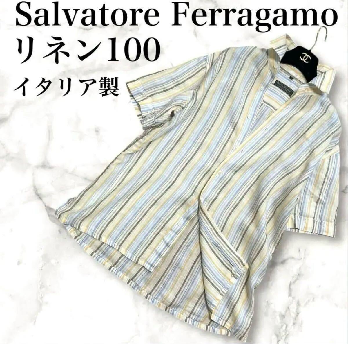Salvatore Ferragamo サルヴァトーレフェラガモ 麻 リネン100% ハーフスリーブシャツ 半袖 暖色系マルチカラー ストライプ M〜Lサイズ相当