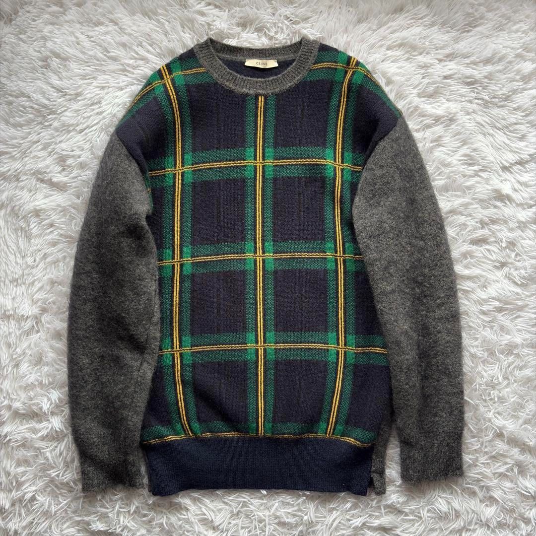 あさん専用　セリーヌ フロントチェックニット S グレー マルチ クルーネック セリーヌ フロントチェックニット S グレー マルチ クルーネック