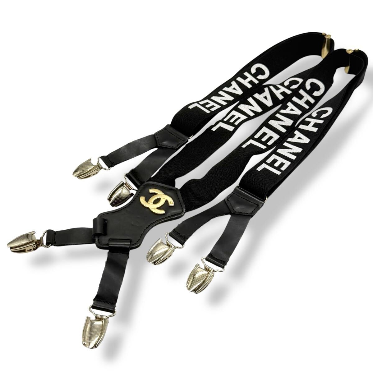 シャネル　サスペンダー　ヴィンテージ　ココマーク　ホワイト　ブラック　ロゴ　ココマーク　CHANEL　Y2K　ブランド　ハイブラ　df5　