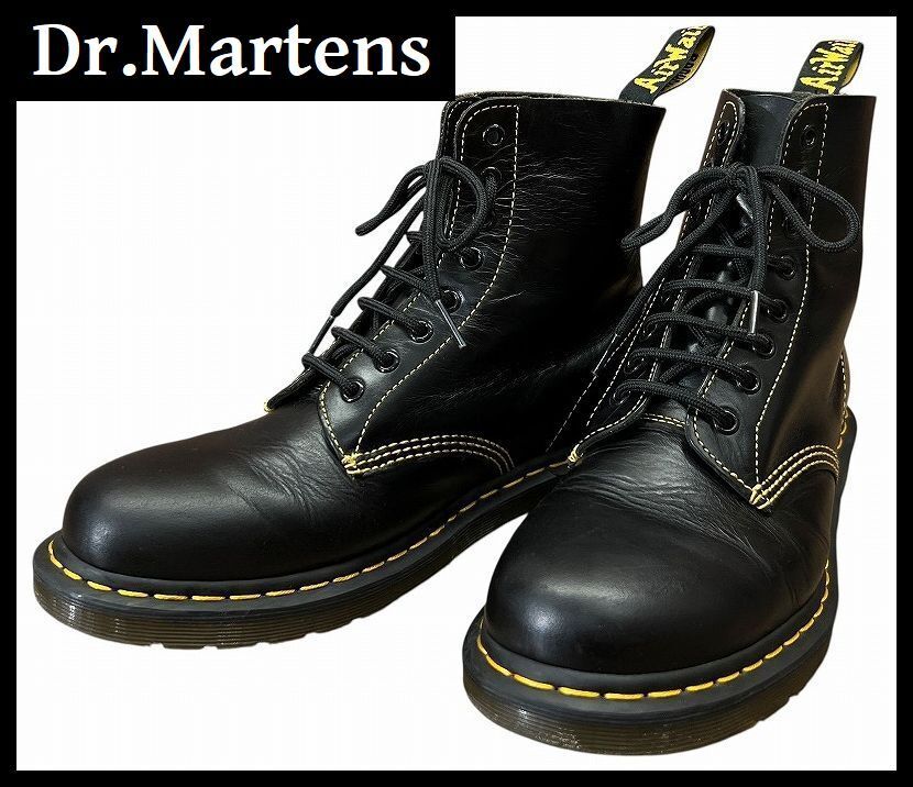 送無 美品 Dr.Martens ドクターマーチン 1460 PASCAL パスカル ATLAS イエローステッチ レザー 8ホール レースアップ ブーツ 黒 UK8 27.0