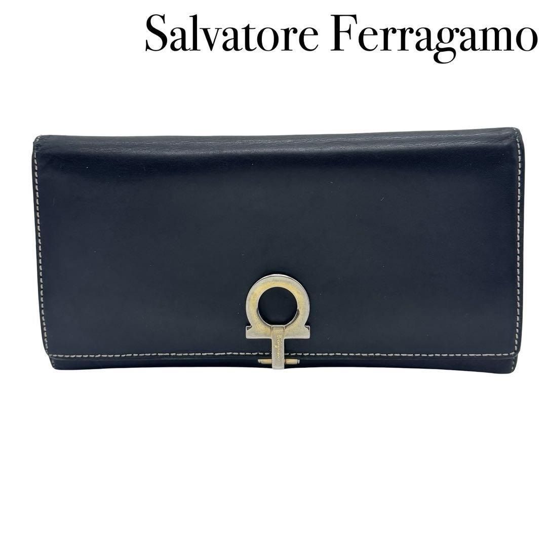 Salvatore Ferragamo サルヴァトーレ フェラガモ ガンチーニ AQ-222700 長財布 ブラック レザー ゴールド金具 イタリア製 レディース