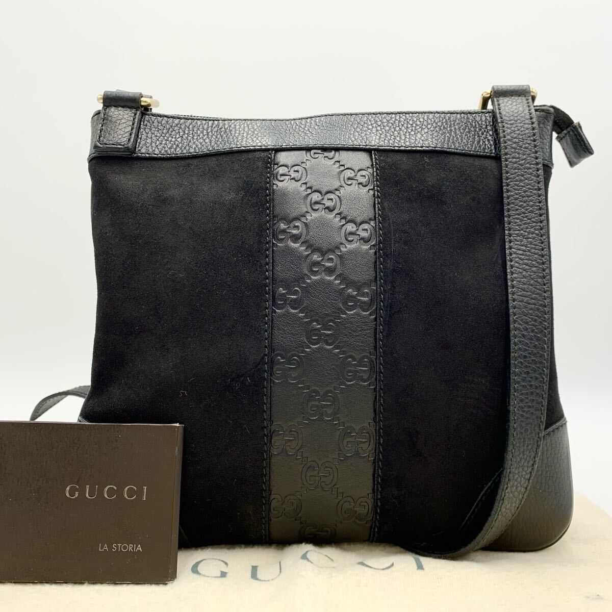 GUCCI グッチ ショルダーバッグ サコッシュ シマ レザー スウェード 黒 ブラック 斜め掛け