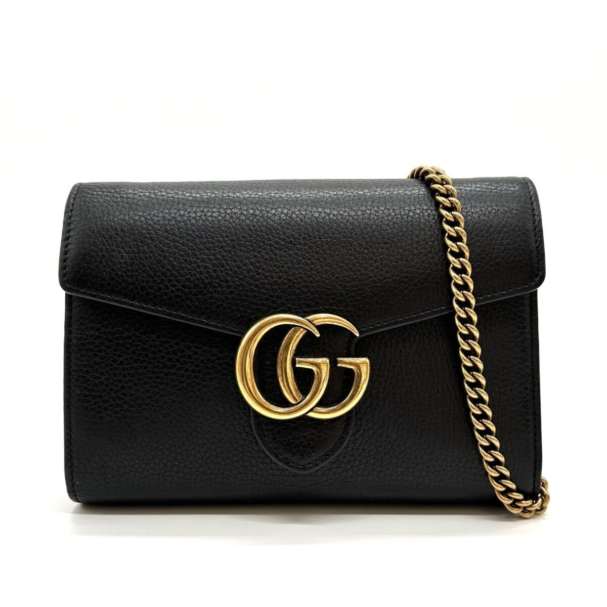 GUCCI グッチ　GGマーモント　レザー　チェーンショルダー　ブラック　401232　チェーンウォレット　レディース