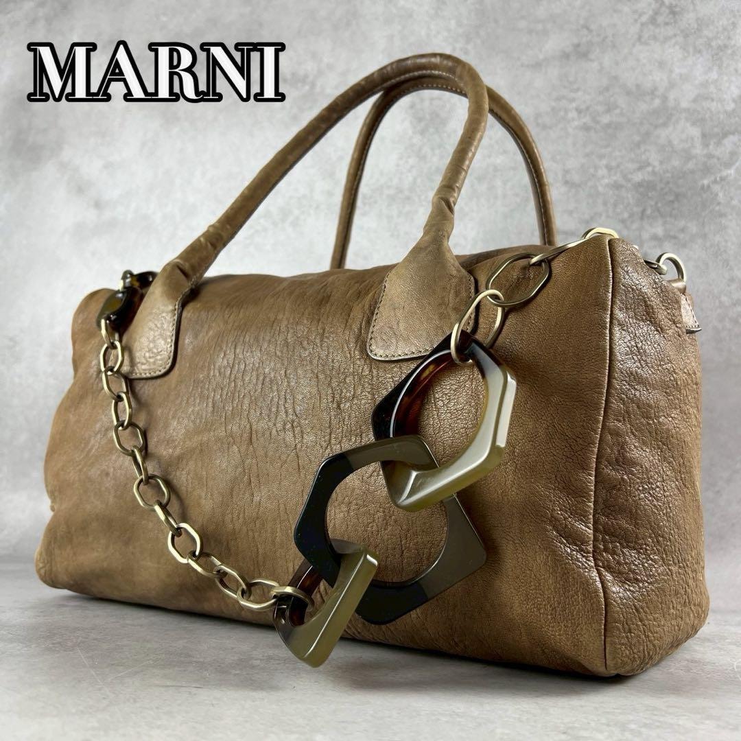 Marni Leather Boston Bag Resin Chain　マルニ　レザーボストン　2way　バッグ　べっ甲　チェーン