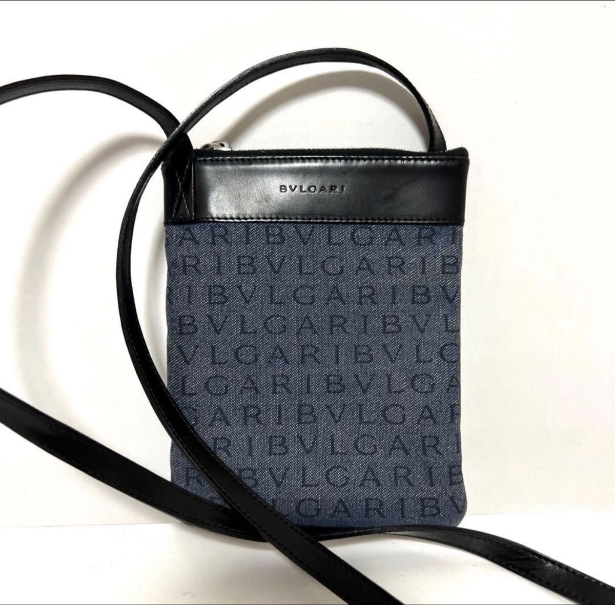 BVLGARI ブルガリ ロゴマニア サコッシュ 斜め掛け ショルダーバッグ ポシェット デニム ブルー 中古